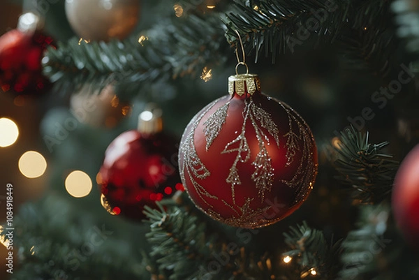 Fototapeta Christmas Tree with Golden and Red Ornaments, Bokeh Lights, and Holiday Cheer