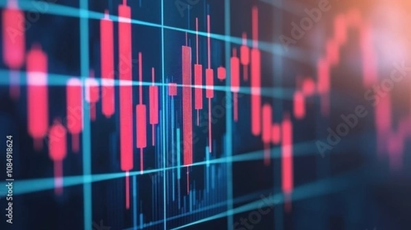 Fototapeta A close-up view of a digital stock market graph displaying fluctuating red and blue candlesticks against a grid background.