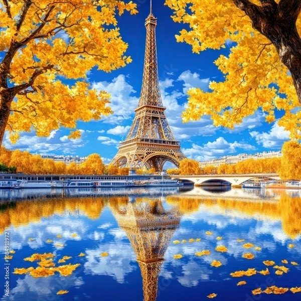 Fototapeta Autumnal View of Eiffel Tower and Seine River with Yellow Trees in Paris, France