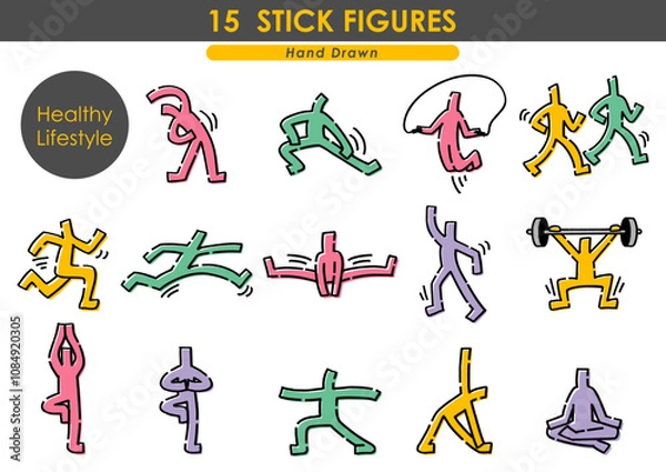 Fototapeta 健康的な生活セット。手描きの棒人間。	