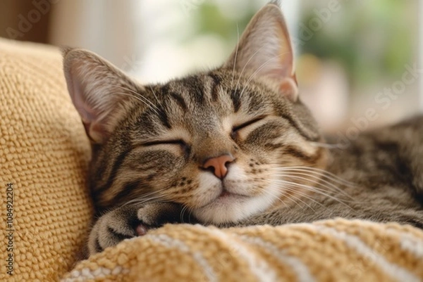 Fototapeta Sweet Dreams: Tabby Cat Napping Contentedly on a Cozy Blanket
