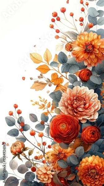 Fototapeta Autumn Floral Corner Border with Dahlia, Rose, and Eucalyptus Leaves: Rustic Wedding Watercolor Illustration of Burnt Orange Flowers and Terracotta Foliage on Yellow Background