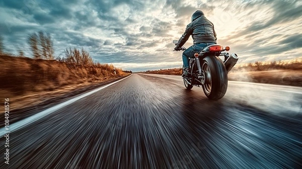 Obraz A motorcyclist riding a motorcycle galloping on the highway