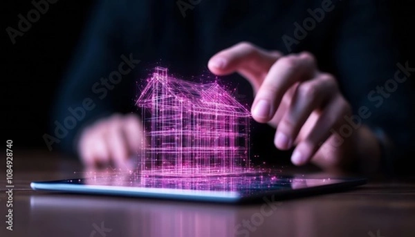 Obraz A person interacts with a holographic house design on a tablet screen at night
