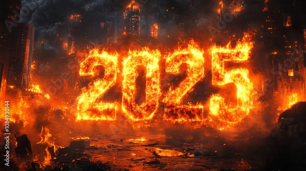 Fototapeta Large numbers centered on black background 2025 engulfed in raging flames of hellfire burning fire destruction evil inferno new year New Years Eve party invitation