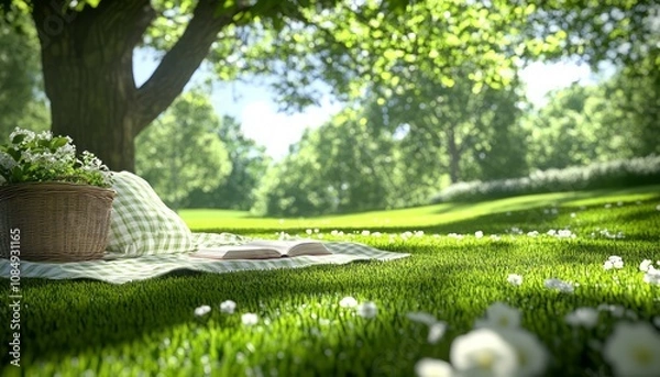 Obraz A tranquil picnic setting under a large tree in a lush, green park on a sunny day