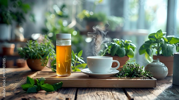 Obraz Herbal Tea and Inhaler on Wooden Table with Plants