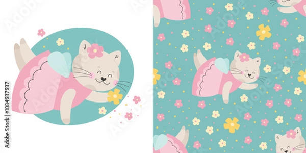 Fototapeta Fairy tale cat with flowers seamless pattern