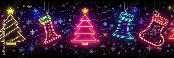 Fototapeta Festive retro neon Christmas design with glowing neon trees, bells, and stockings against a dark, vibrant background reflecting an 80s theme.