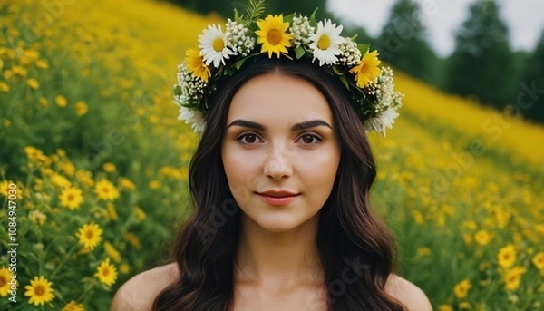 Obraz A woman wearing a flower crown stands on the left side of a yellow field background