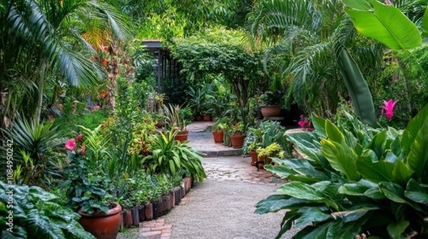 Fototapeta A dynamic gardening session in a lush botanical garden, Gardening tools and plants arranged for cultivation, Botanical leisure style