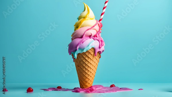 Fototapeta A colorful ice cream cone with a red and yellow straw in it