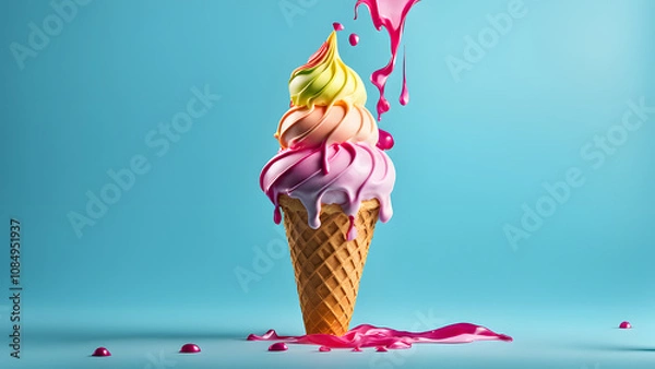 Fototapeta A colorful ice cream cone with pink drips of ice cream on it