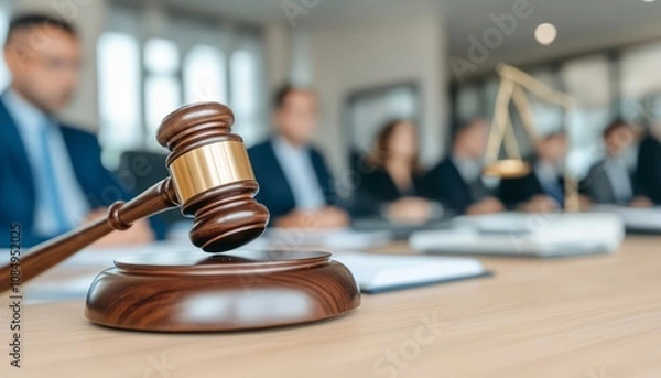 Obraz Legal meeting in a modern office with a gavel prominently displayed on the table