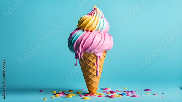Fototapeta A colorful ice cream cone with rainbow sprinkles on the ground
