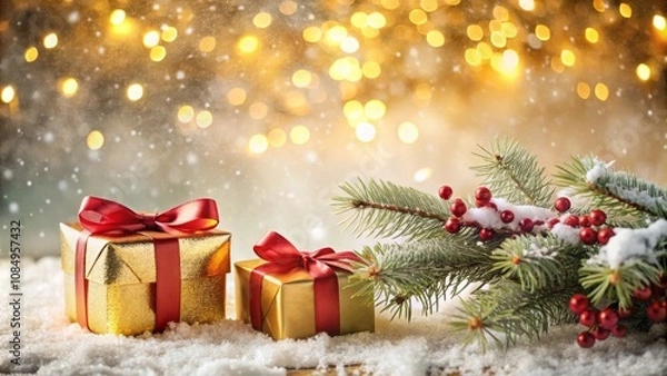 Fototapeta Minimalist Christmas Scene Featuring Golden and Red Gifts Nestled Under a Snowy Fir Tree Branch, Capturing the Essence of Holiday Elegance and Warmth in a Serene Winter Setting