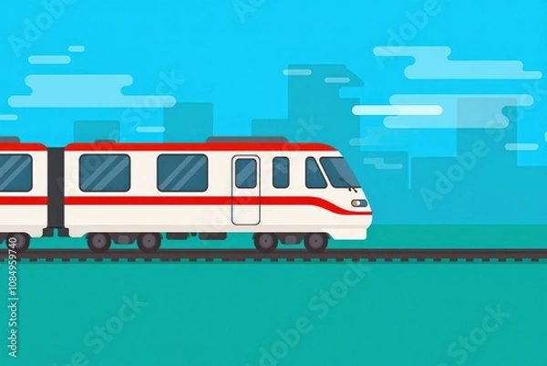 Fototapeta Vibrant Red and White Train Traveling Through Lush Green Countryside Under Clear Blue Sky, Perfect for Home Decor or Greeting Cards