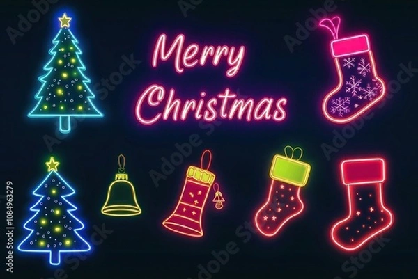 Fototapeta Retro neon Christmas banner with bright neon signs shaped like trees, bells, and stockings glowing vibrantly against a dark background, with the text "Merry Christmas" in bold neon script.