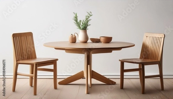 Fototapeta 木製のシンプルな椅子と円形のテーブル、背景には白い壁と少しの小物が調和し、落ち着いたシンプルで清潔感のある空間を作り出す。

