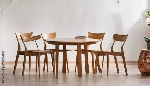 Fototapeta 木製のシンプルな椅子と円形のテーブル、白い壁と少しの小物が、温かみと洗練を感じさせるシンプルな空間。

