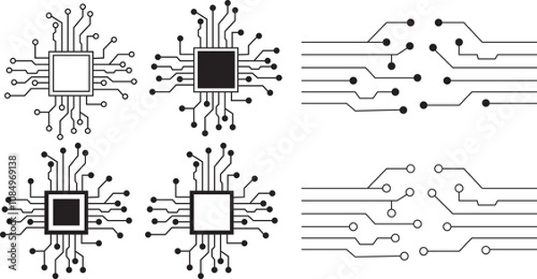 Fototapeta Abstract Technology Background circuit board pattern icons set isolated transparent. Ai chip electronics and connected dots. Data tech bg black flat and line motherboard vector Communication concept
