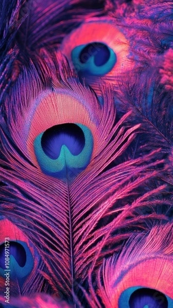 Fototapeta Vibrant Peacock Feathers in Neon Hues