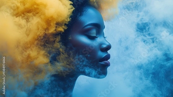 Fototapeta A profile of a woman surrounded by colorful smoke, showcasing a vibrant and artistic representation of beauty and creativity.