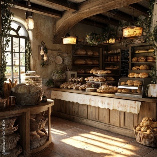Fototapeta Cozy bakery interior with rustic charm and fresh bread.