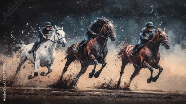 Fototapeta Three horses race towards the finish line.