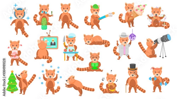 Fototapeta Big Set Abstract Collection Flat Cartoon Different Animal Red Pandas Vector Design Style Elements Fauna Wild