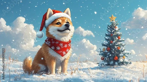 Fototapeta Festive Shiba Inu in Red Scarf Posing by Snow-Covered Christmas Tree