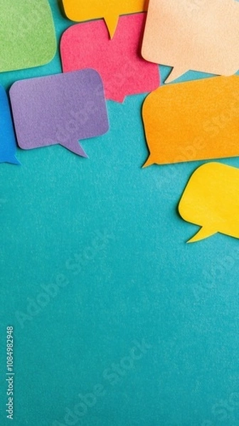 Fototapeta A variety of colorful speech bubbles in different shapes scatter across a bright blue background, inviting conversation and creativity