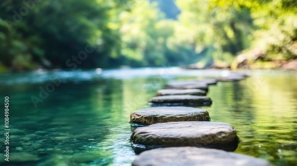Fototapeta Stepping stones create a tranquil walkway over clear water, inviting exploration in a lush, green environment illuminated by soft sunlight