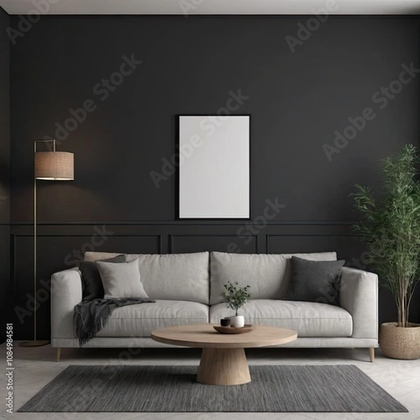 Fototapeta Cozy Modern Living Room Interior with Elegant Furniture and Blank Canvas on Black Wall – 3D Rendering
