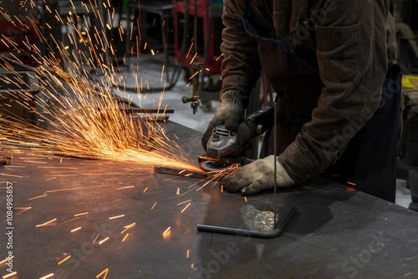 Obraz 工場でグラインダー作業をする手元で飛び散る火花
