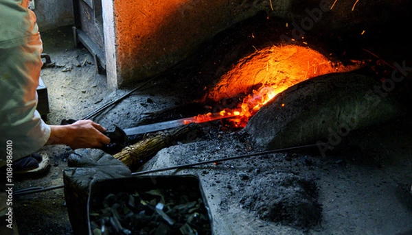 Obraz 伝統的な日本刀を刀鍛冶が手作り生産する様子