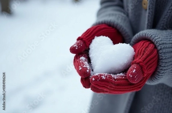 Obraz A postcard with a picture of women's hands in knitted red gloves and a gray coat holding a white snow heart on a winter background, as a concept of Valentine's Day greetings and love