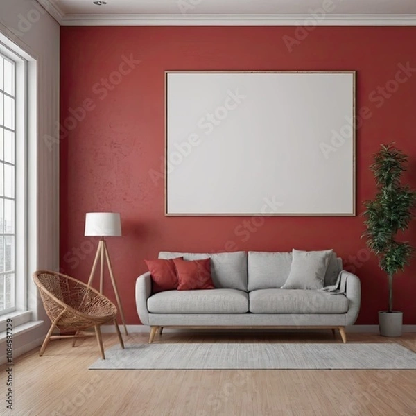 Fototapeta Cozy Modern Living Room Interior with Elegant Furniture and Blank Canvas on Bold Red Wall – 3D Rendering