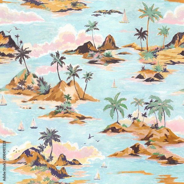 Obraz Beautiful tropical seamless pattern with hand drawn paradise islands with mountains and palm trees on beaches with ocean and clouds in sky. Ready tropical print design.