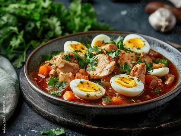 Fototapeta Bowl of Soup with Hard Boiled Eggs and Meat