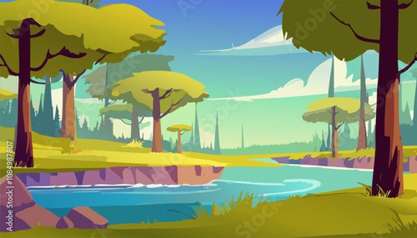 Fototapeta Landscape with river and forest. Vector illustration in cartoon style.