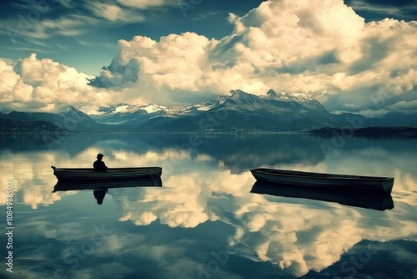 Obraz A lone figure sits in a small boat on a calm lake, mountains in the background, with a reflection of the clouds and boats in the water.