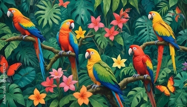 Obraz Tropical exotic pattern with animal and flowers in bright colors and lush vegetationn