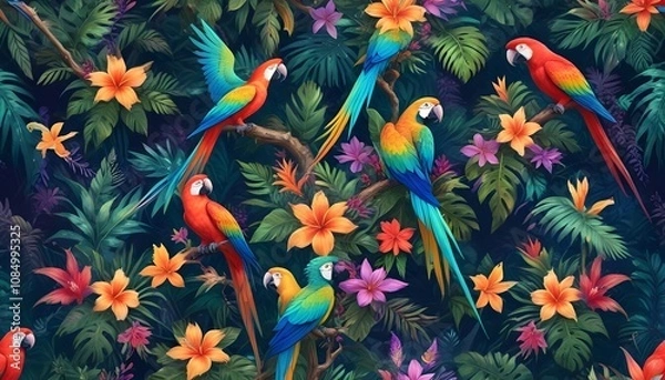 Fototapeta Tropical exotic pattern with animal and flowers in bright colors and lush vegetationn