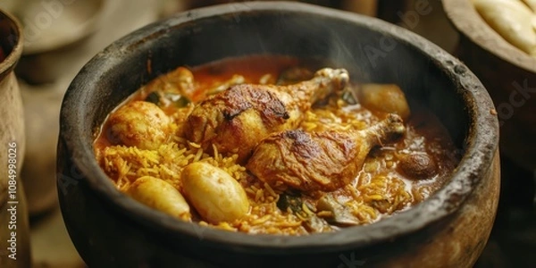 Fototapeta Steaming hot chicken and rice stew in a rustic earthenware pot.