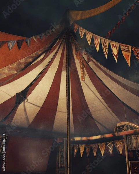 Obraz Colorful Circus Tent with Banners Against Dark Background