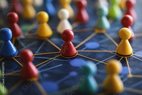 Fototapeta Colorful wooden game pieces connected by a network of lines on a blue background.