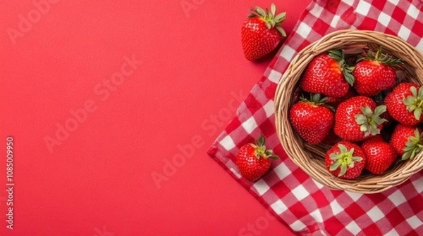 Fototapeta A vibrant basket of fresh strawberries sits on a checkered cloth, showcasing their rich red color against a bold red background.