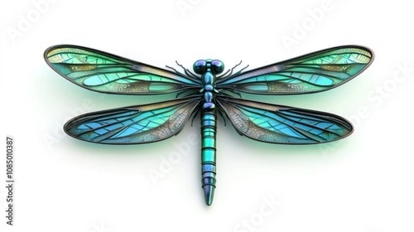 Fototapeta A metallic blue dragonfly with iridescent wings, isolated on a white background.
