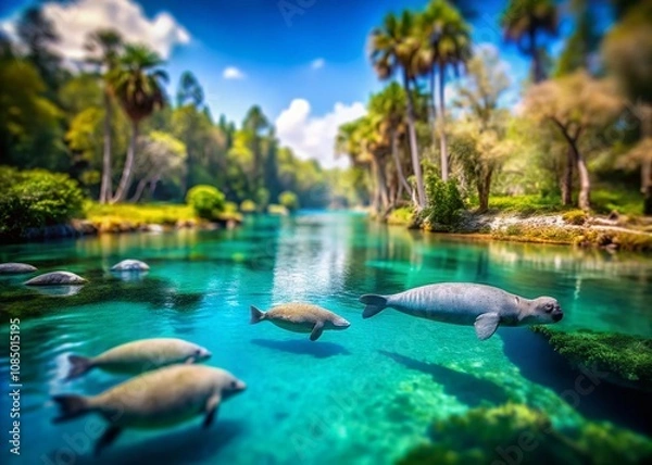 Fototapeta Captivating Tilt-Shift Photography of Manatees Gracefully Swimming in Pristine Spring Waters Surrounded by Lush Greenery and Sunlit Reflections
